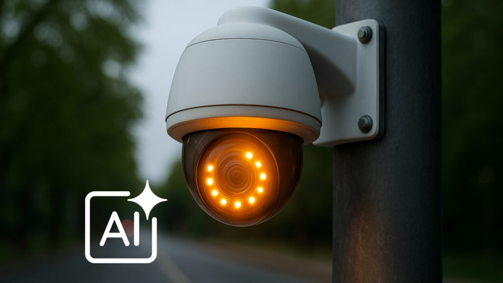 A CCTV camera with an illustration of AI next to it.