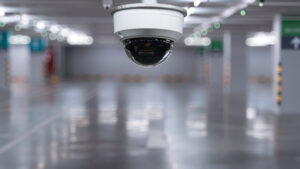 A security camera in a car park, where the CCTV system is a lifecycle.